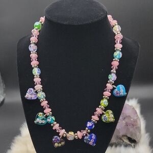Colorful Murano Style Heart Glass Bead Beaded Sulver Tone Findings Necklace 334